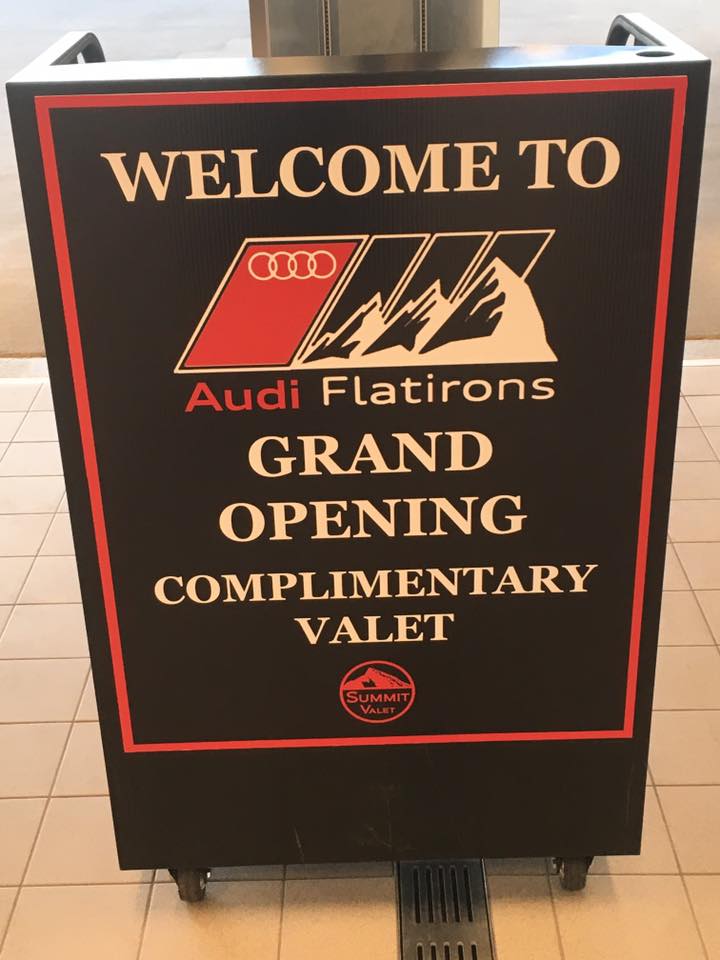 Summit Valet complimentary valet sign at the Audi Flatirons grand opening